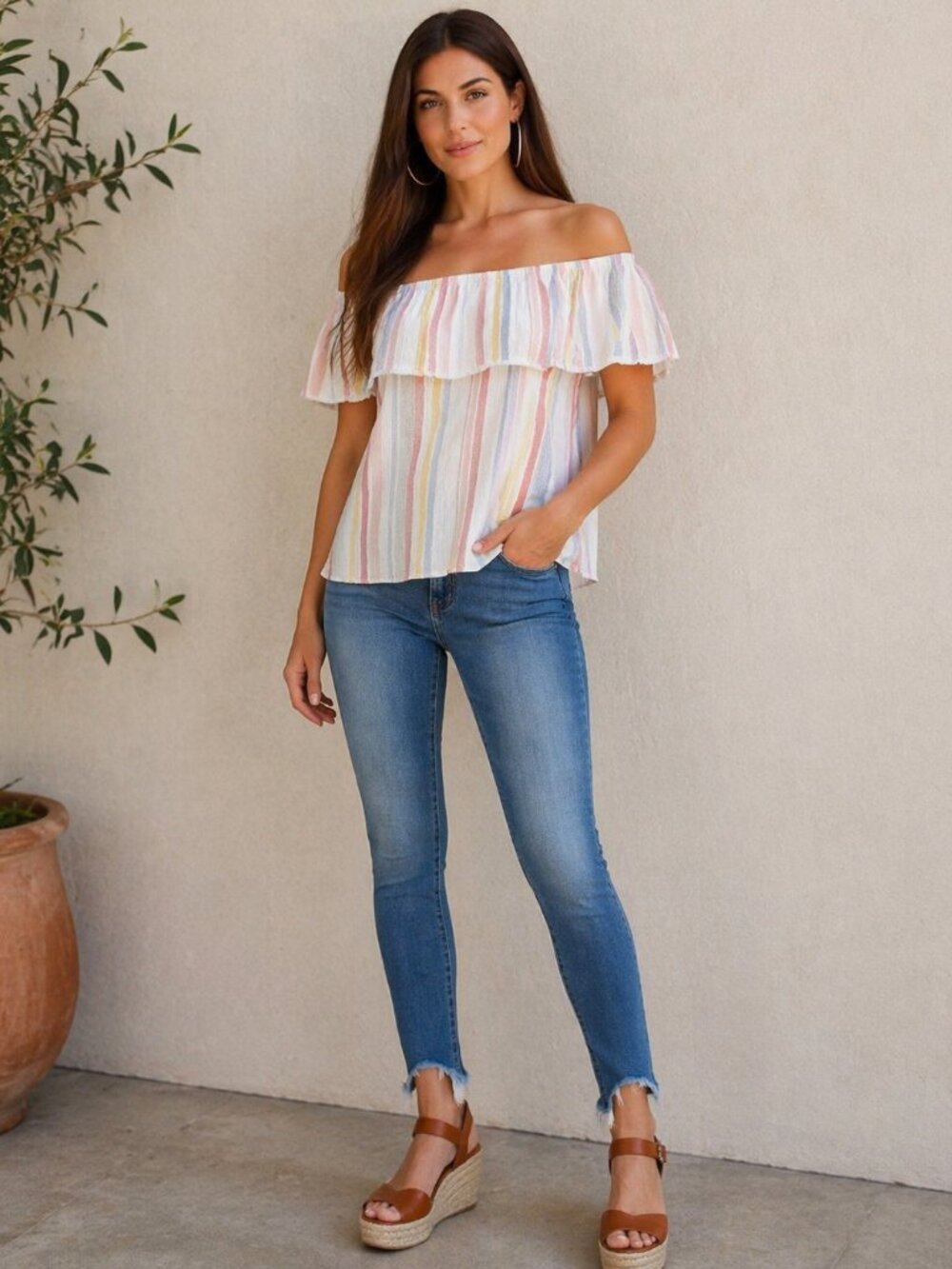 Allison Joy Off Shoulder Gauze Blouse | 100% Cotton Multicolor Stripe Boho Top |